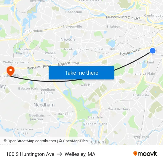 100 S Huntington Ave to Wellesley, MA map