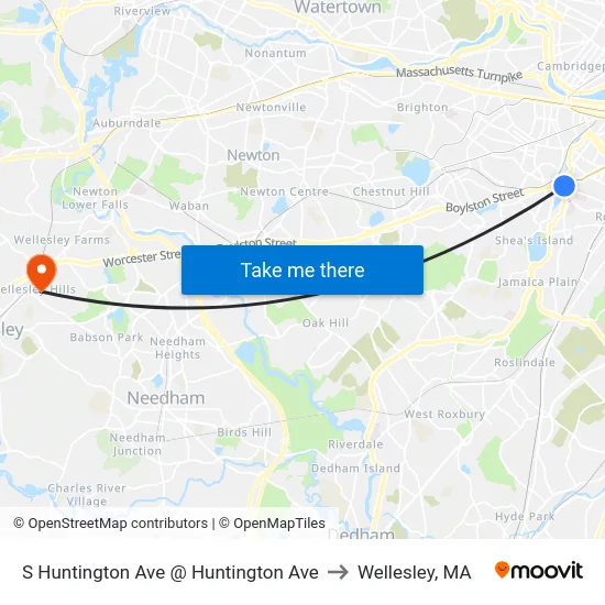 S Huntington Ave @ Huntington Ave to Wellesley, MA map