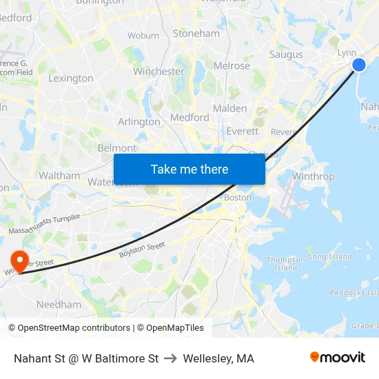 Nahant St @ W Baltimore St to Wellesley, MA map