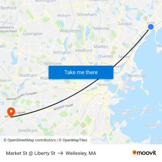 Market St @ Liberty St to Wellesley, MA map