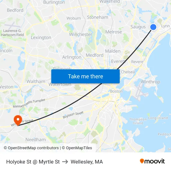 Holyoke St @ Myrtle St to Wellesley, MA map