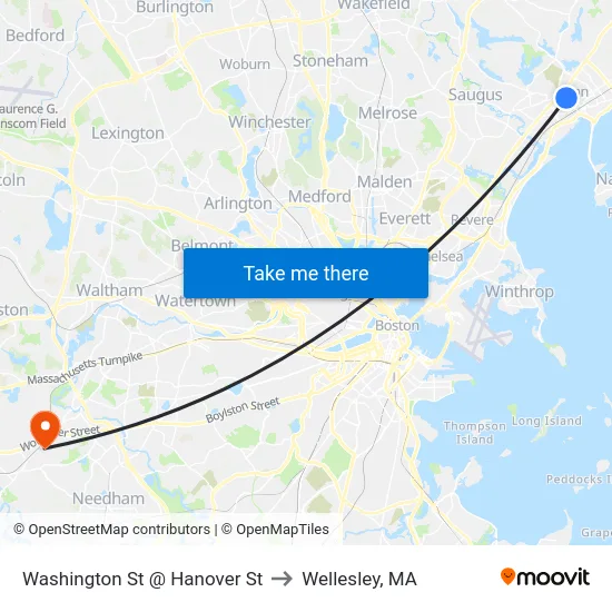 Washington St @ Hanover St to Wellesley, MA map