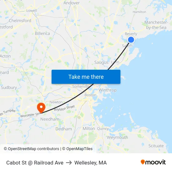 Cabot St @ Railroad Ave to Wellesley, MA map