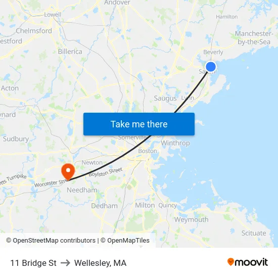 11 Bridge St to Wellesley, MA map