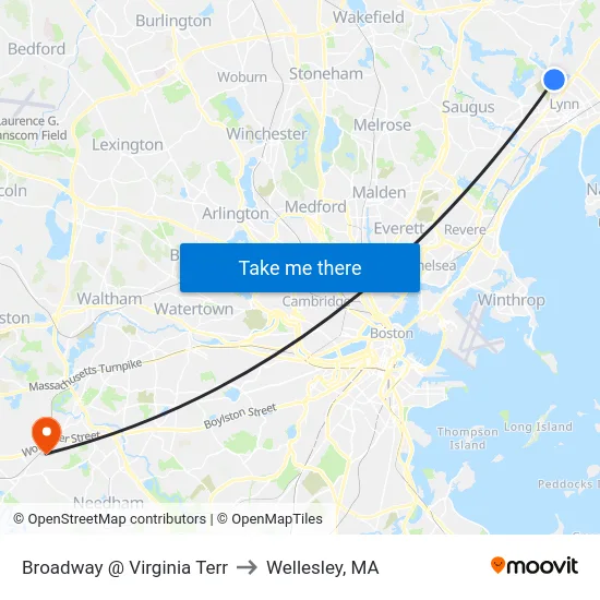 Broadway @ Virginia Terr to Wellesley, MA map