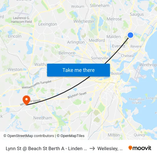 Lynn St @ Beach St Berth A - Linden Sq to Wellesley, MA map