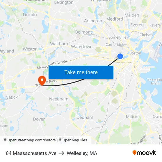 84 Massachusetts Ave to Wellesley, MA map