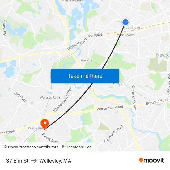 37 Elm St to Wellesley, MA map