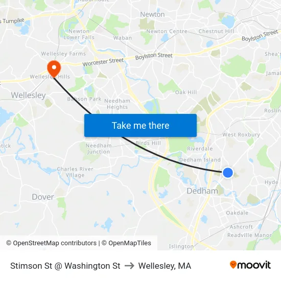 Stimson St @ Washington St to Wellesley, MA map