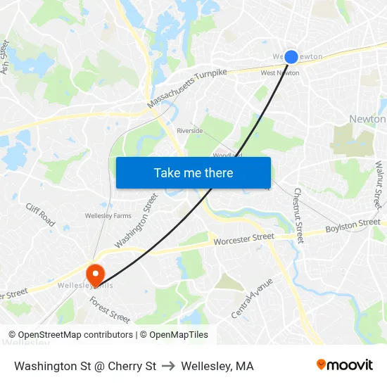 Washington St @ Cherry St to Wellesley, MA map