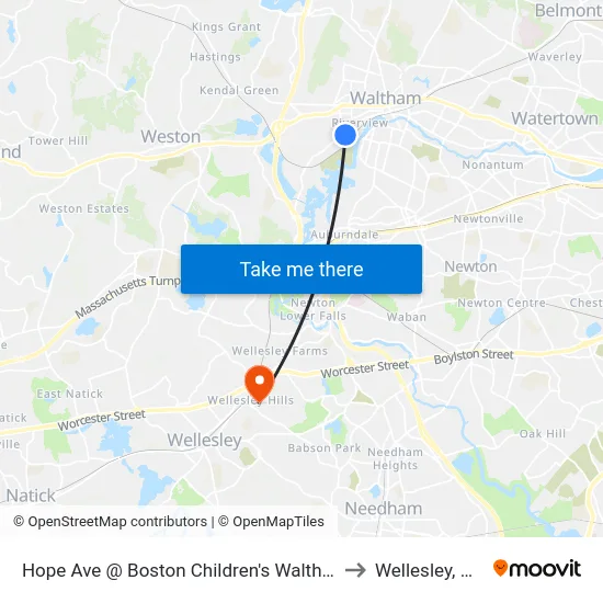 Hope Ave @ Boston Children's Waltham to Wellesley, MA map