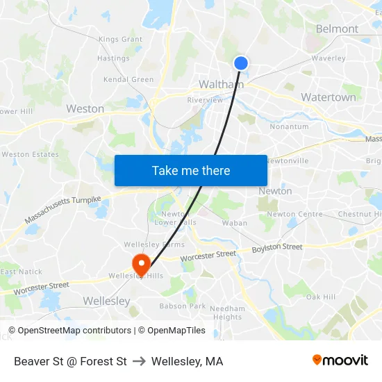 Beaver St @ Forest St to Wellesley, MA map