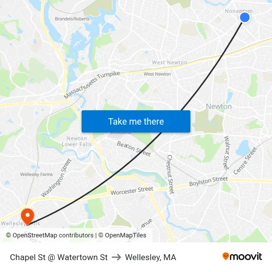 Chapel St @ Watertown St to Wellesley, MA map
