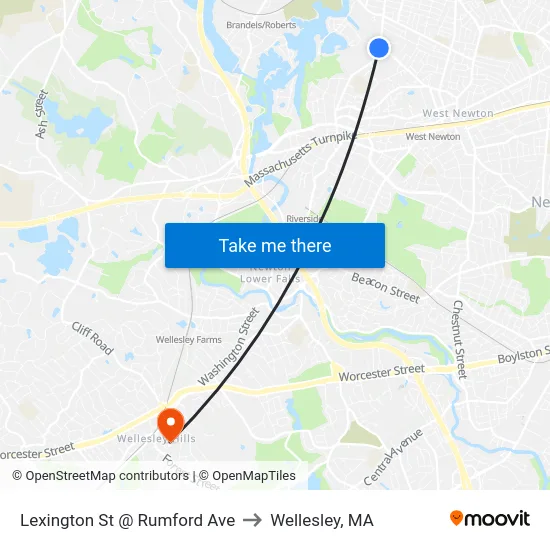 Lexington St @ Rumford Ave to Wellesley, MA map