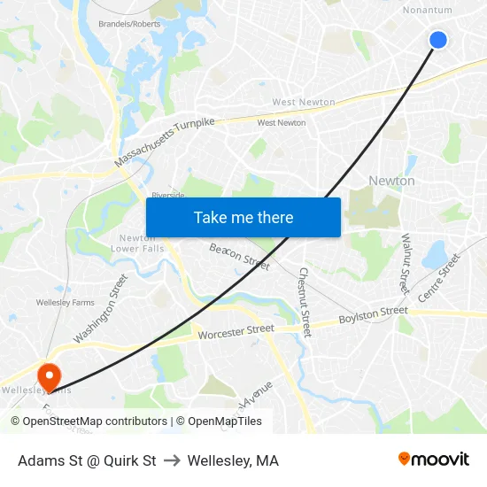 Adams St @ Quirk St to Wellesley, MA map