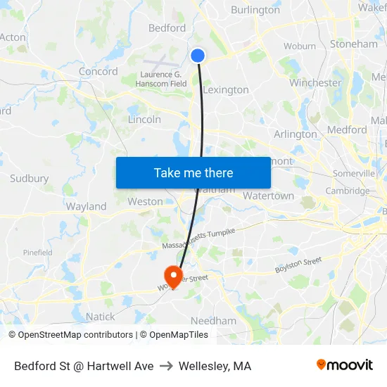 Bedford St @ Hartwell Ave to Wellesley, MA map