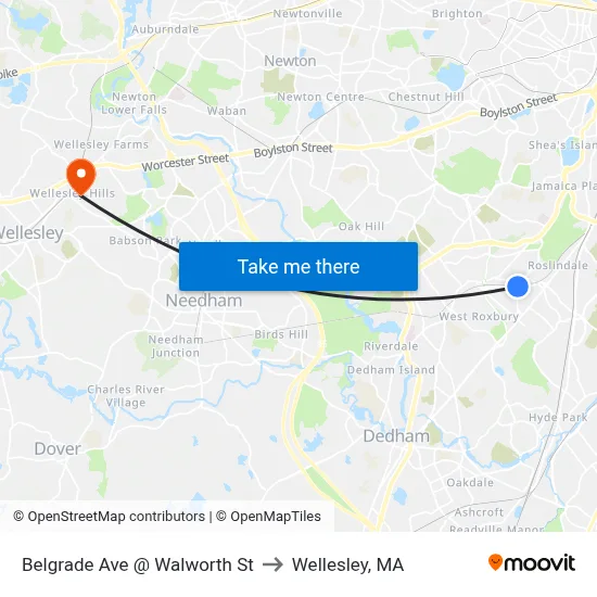 Belgrade Ave @ Walworth St to Wellesley, MA map