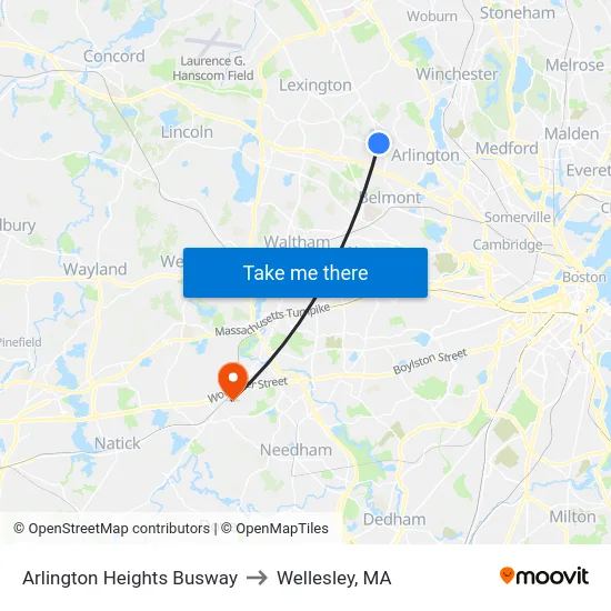 Arlington Heights Busway to Wellesley, MA map