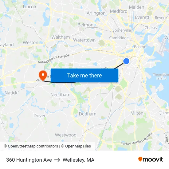 360 Huntington Ave to Wellesley, MA map