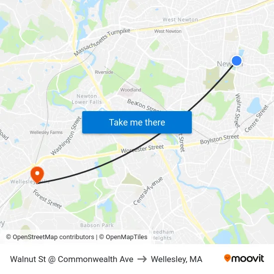 Walnut St @ Commonwealth Ave to Wellesley, MA map