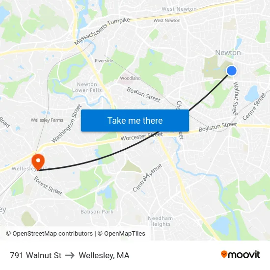 791 Walnut St to Wellesley, MA map