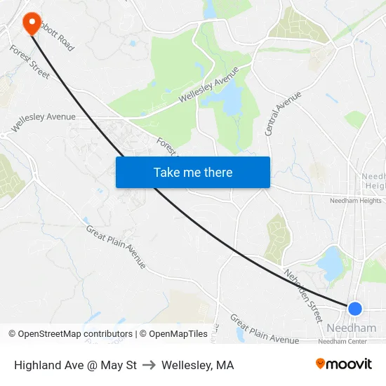 Highland Ave @ May St to Wellesley, MA map