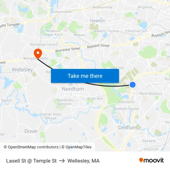 Lasell St @ Temple St to Wellesley, MA map