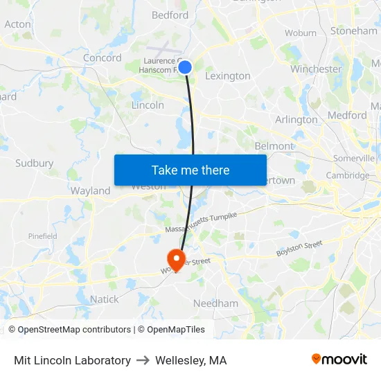 Mit Lincoln Laboratory to Wellesley, MA map