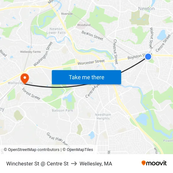 Winchester St @ Centre St to Wellesley, MA map