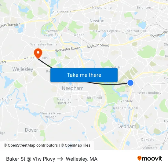 Baker St @ Vfw Pkwy to Wellesley, MA map