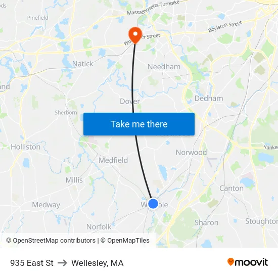 935 East St to Wellesley, MA map