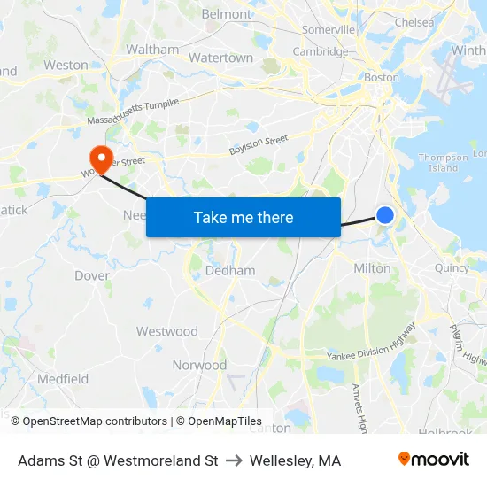 Adams St @ Westmoreland St to Wellesley, MA map