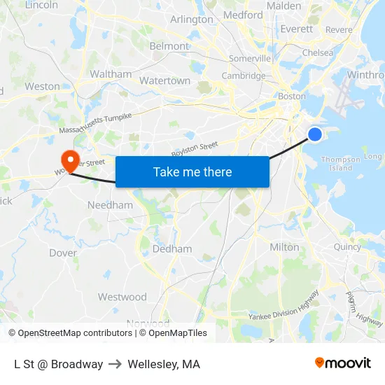 L St @ Broadway to Wellesley, MA map