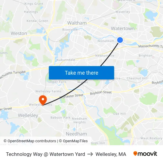 Technology Way @ Watertown Yard to Wellesley, MA map
