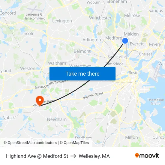 Highland Ave @ Medford St to Wellesley, MA map