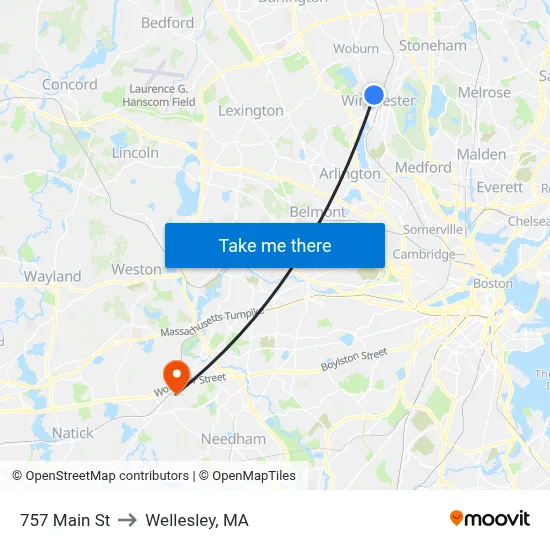 757 Main St to Wellesley, MA map