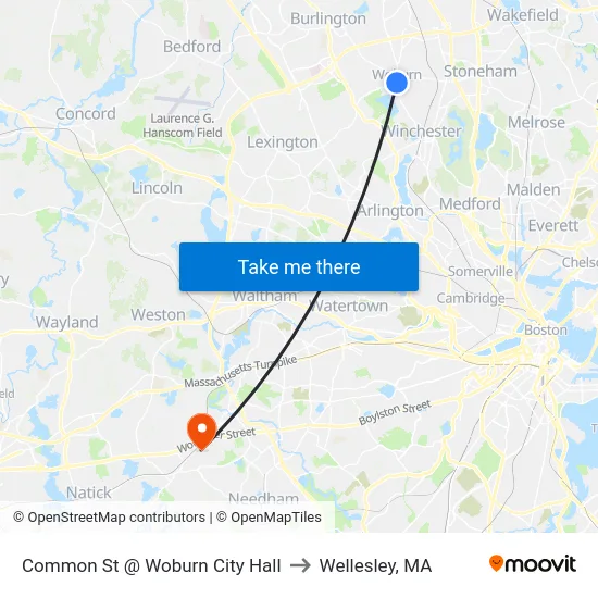 Common St @ Woburn City Hall to Wellesley, MA map