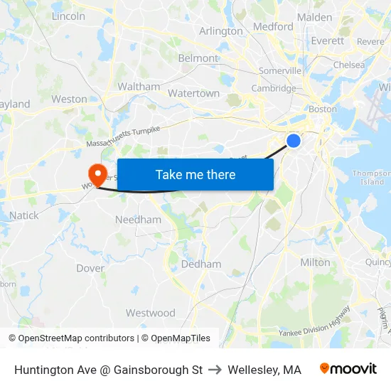 Huntington Ave @ Gainsborough St to Wellesley, MA map