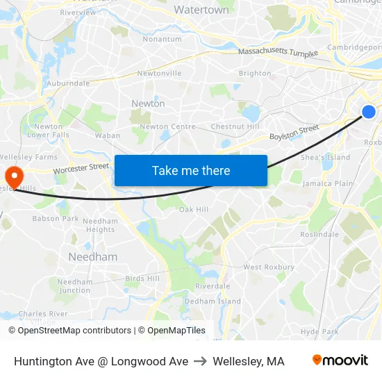 Huntington Ave @ Longwood Ave to Wellesley, MA map