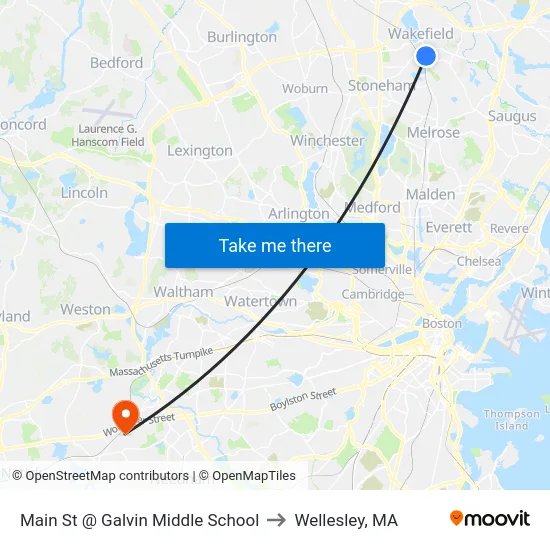 Main St @ Galvin Middle School to Wellesley, MA map
