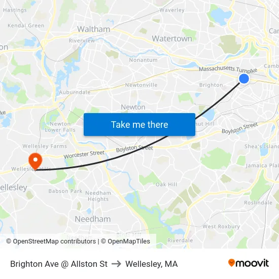 Brighton Ave @ Allston St to Wellesley, MA map