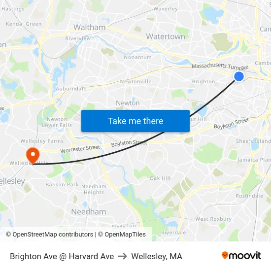 Brighton Ave @ Harvard Ave to Wellesley, MA map