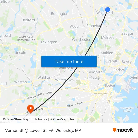 Vernon St @ Lowell St to Wellesley, MA map