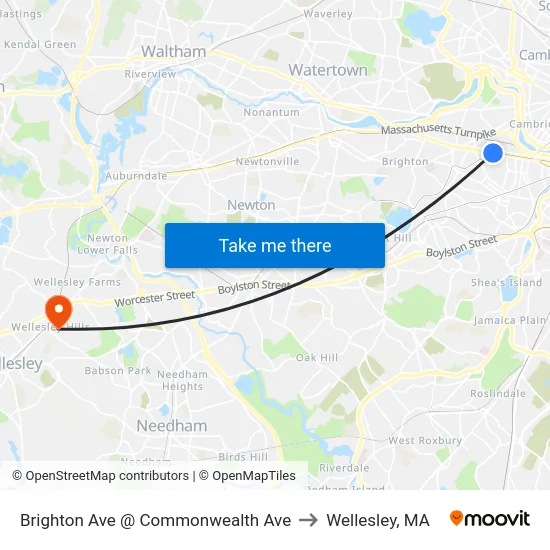 Brighton Ave @ Commonwealth Ave to Wellesley, MA map