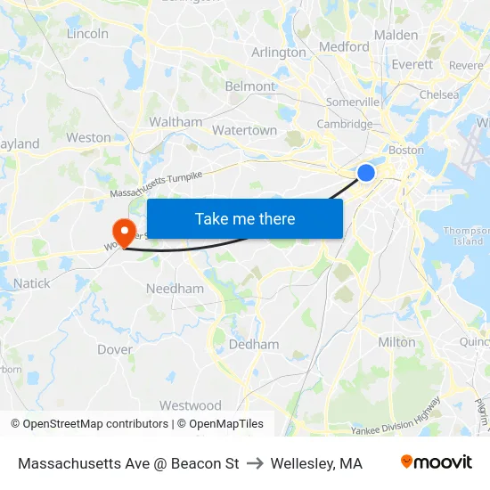 Massachusetts Ave @ Beacon St to Wellesley, MA map