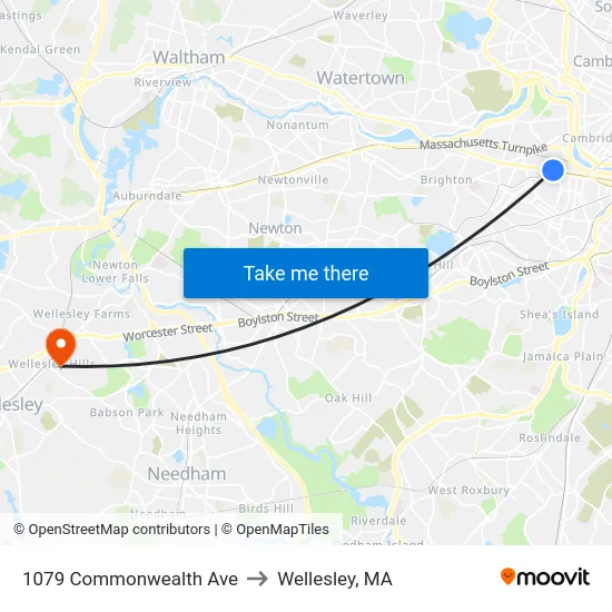 1079 Commonwealth Ave to Wellesley, MA map