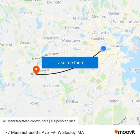 77 Massachusetts Ave to Wellesley, MA map