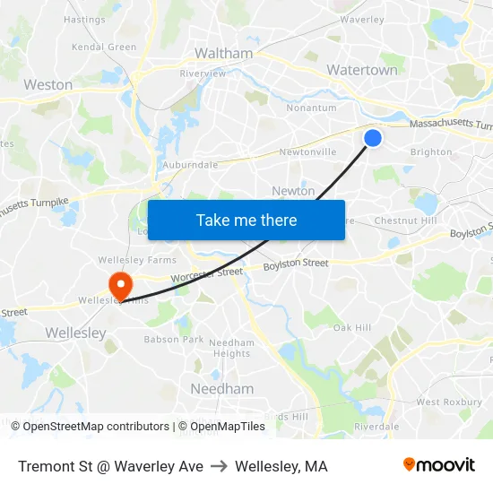 Tremont St @ Waverley Ave to Wellesley, MA map