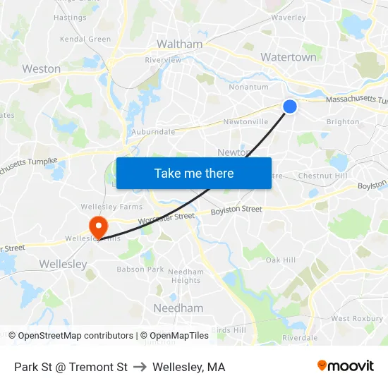 Park St @ Tremont St to Wellesley, MA map