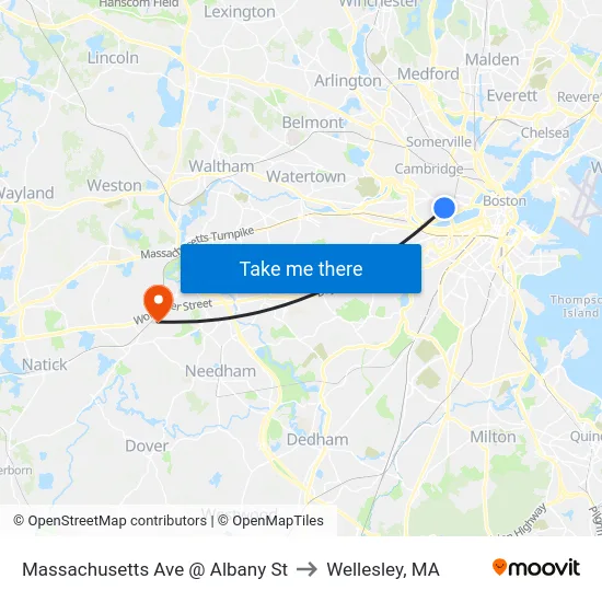 Massachusetts Ave @ Albany St to Wellesley, MA map